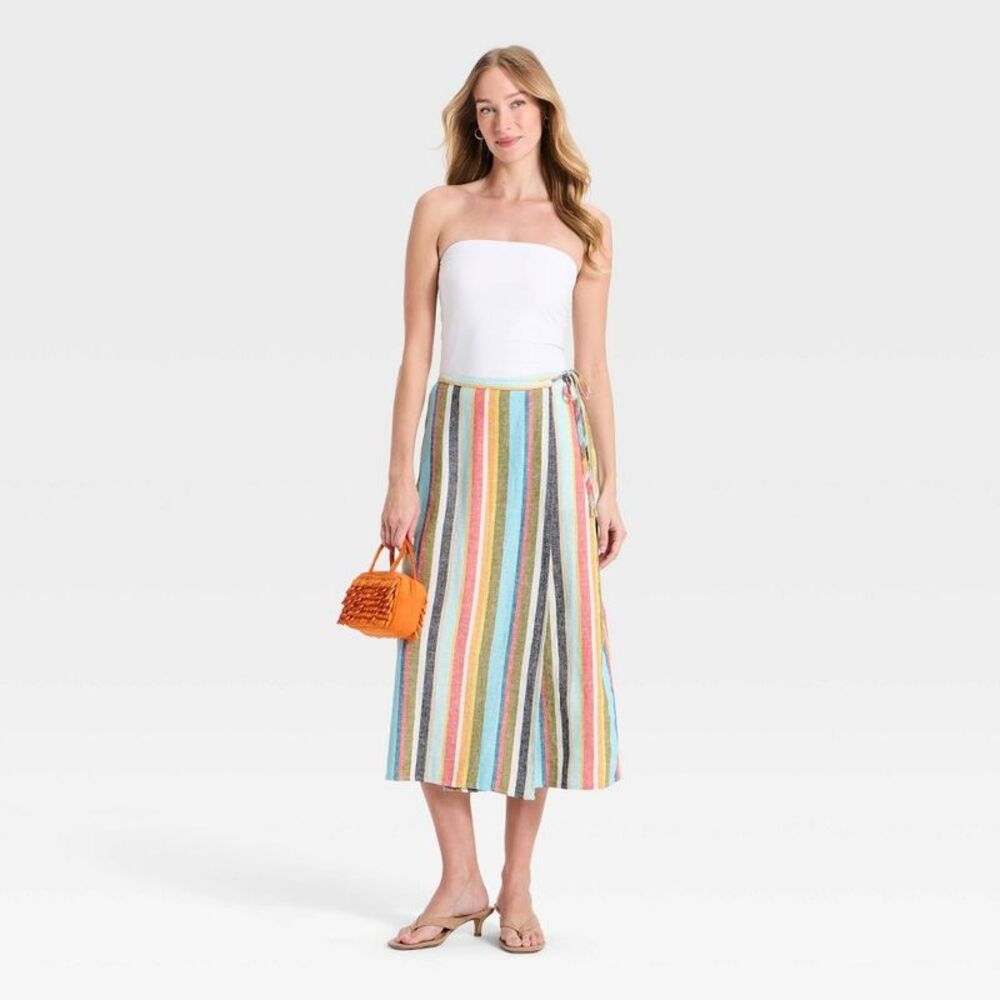 Women's Linen Midi Wrap Skirt - A New Day Cream Striped L - Picture 3 of 4
